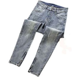 Jeans en détresse pour hommes, coupe Slim, fente à fermeture éclair tendance, pantalons décontractés élastiques pour petits pieds d'automne pour jeunes