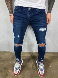 Distressed knie gaten elastische skinny jeans mannen scheurden fietser denim broek vaste gewassen streetwear zwarte pantalones hombre joggers 240412