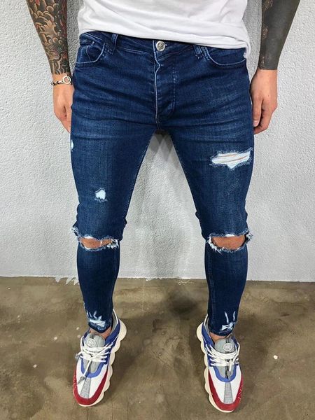 Trous aux genoux en détresse élastique jean moulant hommes déchiré Biker Denim pantalon solide lavé Streetwear noir pantalons Hombre Joggers 240226