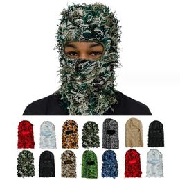 Casquettes tricotées en détresse hiver masque de Ski complet femmes chapeau d'extérieur Camouflage polaire bonnets de Ski flous hommes chapeau