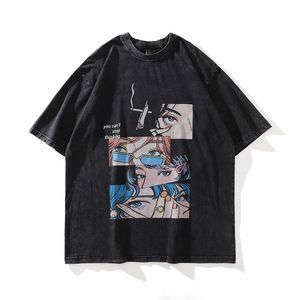 T-shirt surdimensionné en détresse Streetwear japonais yeux anime imprimement rétro Tshirt hip hop Coton décontracté t-shirt noir noir