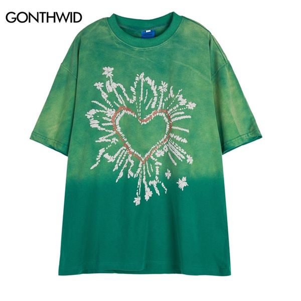 T-shirt surdimensionné Punk en détresse Streetwear Heart Print Tie Dye Gothique T-shirt Hip Hop Vintage Chemises Lâches Été Casual TShirt 220622