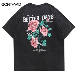T-shirt en détresse Streetwar Hip Hop Floral Rose Letter Imprimé vintage Tshirt Men Harajuku Summer Coton Cotton Shirts en vrac Top 240521