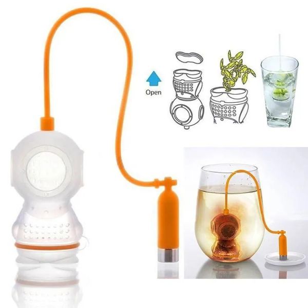 Coladores de bolsas de té en forma de buzo, infusor de té de silicona, lindo buzo, bolsitas de té para té, café, dulces, colador FY5589 0801