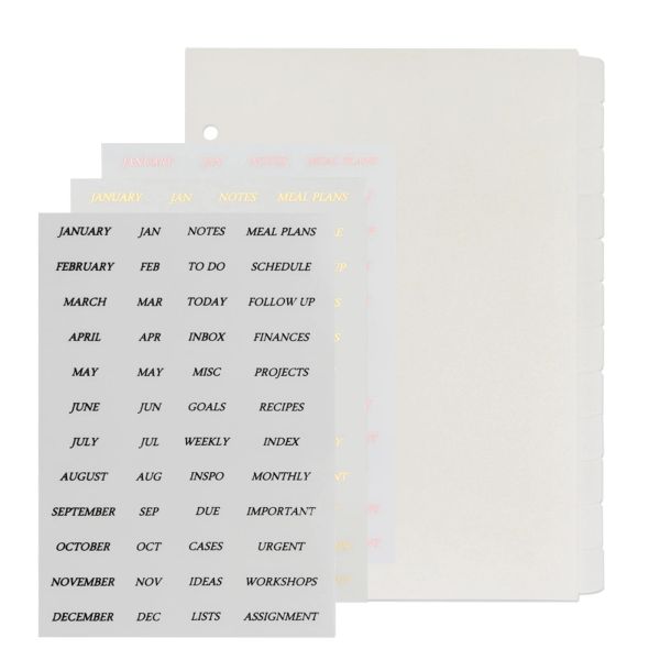 Dividers 6 trous 12 pages Page de diviseur d'index blanc transparent avec autocollant d'étiquette de mois A5 PP Page de diviseur d'index de liant translucide