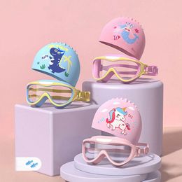 Masques de plongée Dessin animé enfants lunettes de natation avec bouchon d'oreilles bonnet de bain ensemble garçons filles anti-buée silicone pour enfants lunettes lunettes de piscine 231202