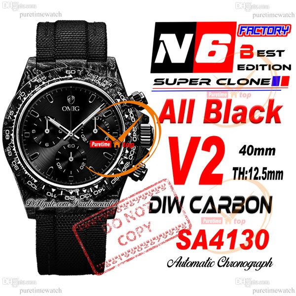 DIW Carbon SA4130 Chronographe Automatic Mens Watch N6F V2 Black Stick Dial Nylon Strap Super Edition Même carte de série Puretime Reloj Hombre Montre Homme Ptrx