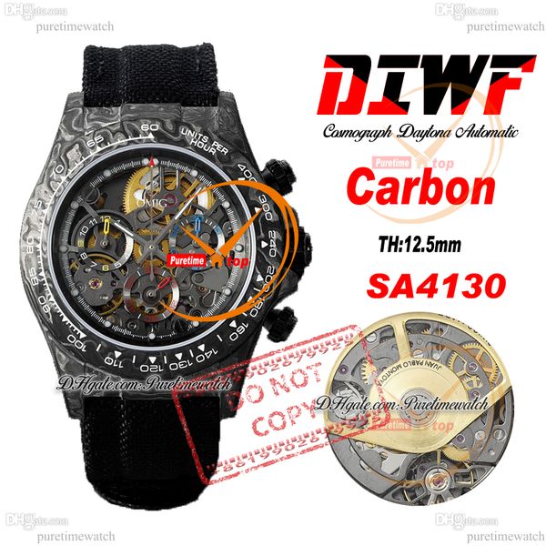 DIW Carbon SA4130 Chronographe Automatic Mens Watch Diwf Squelette jaune doré arabe Digne de nylon noir Super Edition Same Carte de série Puretime Reloj PTRX