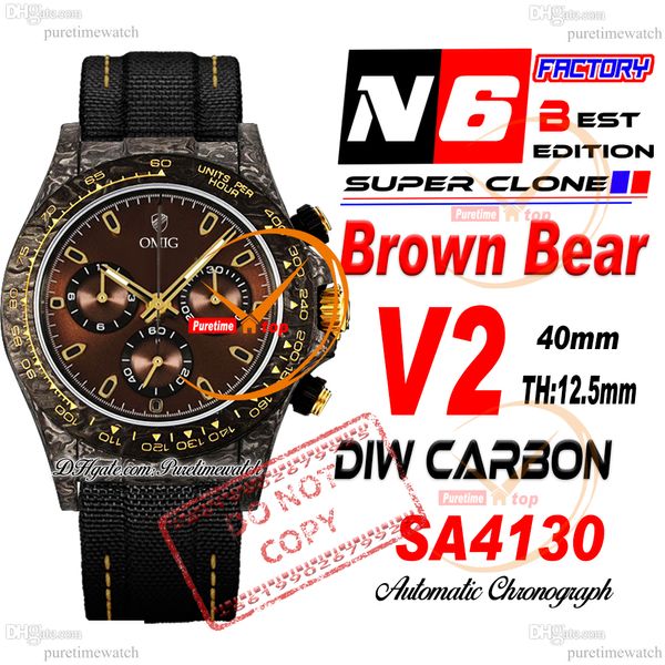 DIW Carbon SA4130 Chronographe Automatic Mens Watch N6F V2 Black Brown Bear Dial Nylon Strap Super Edition Même carte de série PureTime Reloj Hombre Montre Ptrx