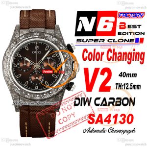 DIW Couleur Changer le carbone SA4130 Chronographe automatique Chronograph Mens Watch N6F V2 Brown Dial Nylon Strap Super Edition Same Carte de série PureTime Reloj Hombre Ptrx