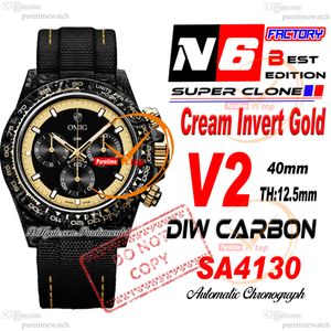 Diw Cream Invert Gold Carbon SA4130 Chronograph Automatic Chronograph Mens Watch N6F V2 Black Yellow Dial Nylon Strap Super Edition Même carte de série Puretime Reloj Hombre Ptrx 10