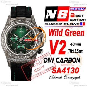 DiW Emerald Carbon SA4130 Automatische chronograaf Heren Watch N6F V2 Green Dial Black Nylon Strap Super Edition dezelfde seriële kaart Puretime reloj HOMBRE PTRX