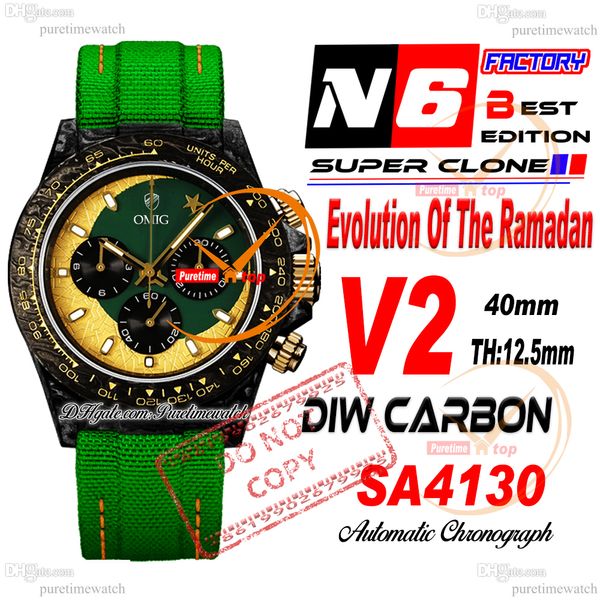 Diw Evolution du Ramadan Carbon SA4130 Automatic Chronograph Mens Watch N6F V2 Green Dial Nylon Strap Super Edition Même carte de série PureTime Reloj Ptrx