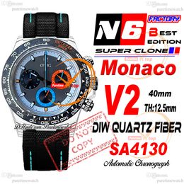 Diw Monacos Quartz Carbon SA4130 Automatic Chronograph Mens Watch N6F V2 Blanc Blue Orange Dignet Black Nylon Sobre Super Edition Même carte de série PureTime Reloj Ptrx