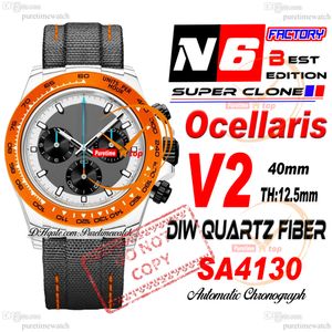 Diw Ocellaris Quartz Carbon SA4130 Automatische chronograaf Mens Watch N6F V2 Orange Bezel White Gray Dial Nylon Super Edition dezelfde seriële kaart Puretime reloj Ptrx F2