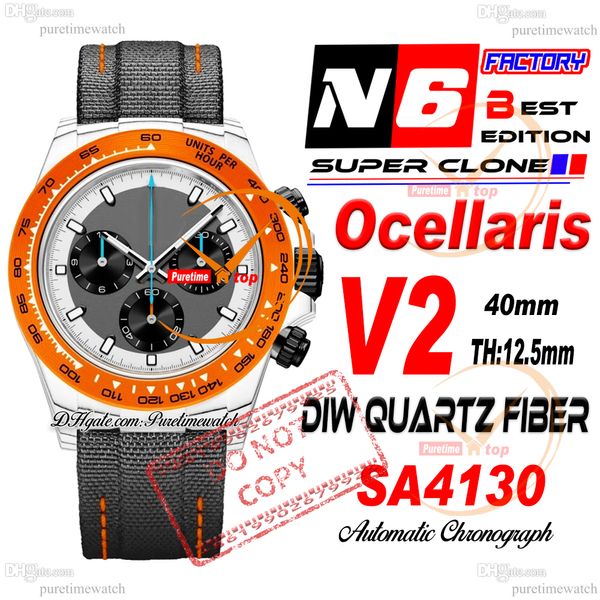 Diw Ocellaris Quartz Carbon SA4130 Automatic Chronograph Mens Watch N6F V2 Orange Bezel White Grey Dial Nylon Super Edition Même carte de série PureTime Reloj Ptrx F2