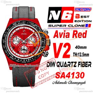 Diw Quartz Carbon SA4130 Chronographe automatique Chronograph Mens Watch N6F V2 Black Avia Red Dial Nylon Strap Super Edition Même carte de série Puretime Reloj Hombre Montre Ptrx