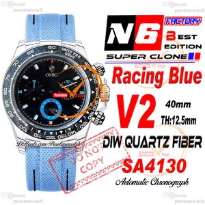 Diw Racing Blue Quartz Carbon SA4130 Automatic Chronograph Mens Watch N6F V2 Black Dial Nylon Strap Super Edition Même carte de série Puretime Reloj Hombre Ptrx