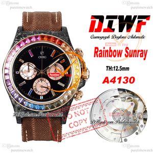 Diw Rainbow Sunray Carbon A4130 Automatic Chronograph Mens Watch Diwf Black Diamonds DIAL