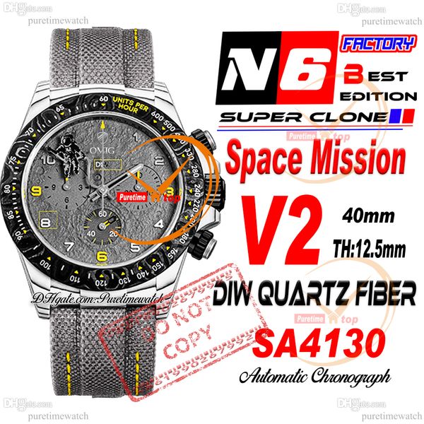 Diw Space Mission Quartz Carbon SA4130 Chronograph Mens Automatic Chronograph Mens N6F V2 Gray Jaune Dalle Nylon STRAP SUPER Edition Sême carte de série PureTime Reloj Hombre Ptrx