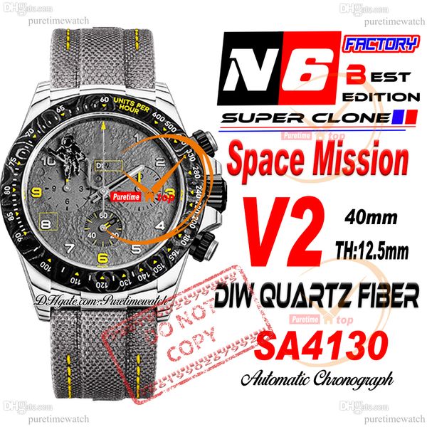 Diw Space Mission Quartz Carbon SA4130 Chronographe automatique Chronograph Mens Watch N6F V2 Gray Jaune Dial Nylon Super Edition Même carte de série Puretime Reloj Hombre Ptrx F2