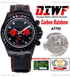 DIWF ETA A7750 Cronógrafo automático Unisex Hombre Mujer Reloj Fibra de carbono Cuadrado Diamante Bisel Rojo Negro Esfera Cuero Correa de nylon Super Edition Puretime E5