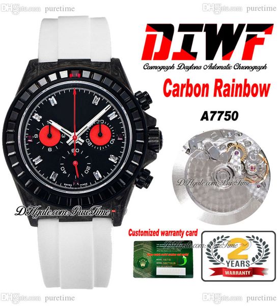 DIWF ETA A7750 Automatik-Chronograph, Unisex, Herren- und Damenuhr, Karbonfaser, quadratische Diamantlünette, rotes schwarzes Zifferblatt, weißes Oysterflex-Gummi, Super Edition Puretime I9