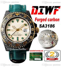 DIWF GMT II SA3186 Automatische heren Watch Koolstofvezel Kast geelgouden Beige Beige Dial Green Nylon Strap Super Edition Puretime E5