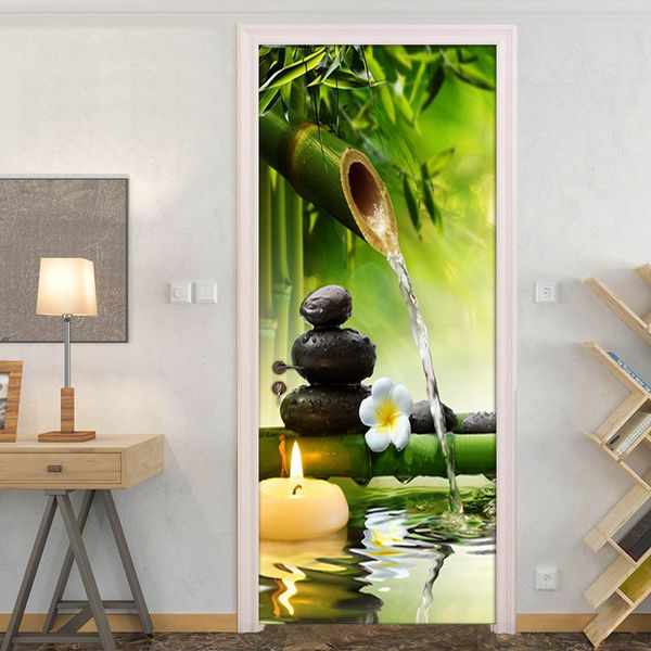 DIY 3D verde bambú paisaje puerta pegatinas creativo PVC autoadhesivo sala de estar puerta Mural pared pegatina póster foto papel tapiz 210317