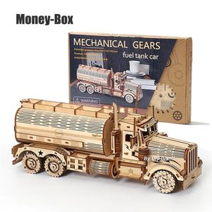 DIY 3D Houten puzzels Spaarpot Spaarpot Brandstofwagen Model Bouwsteensets Montage Jigsaw Speelgoed Cadeau voor kinderen Volwassen 240124