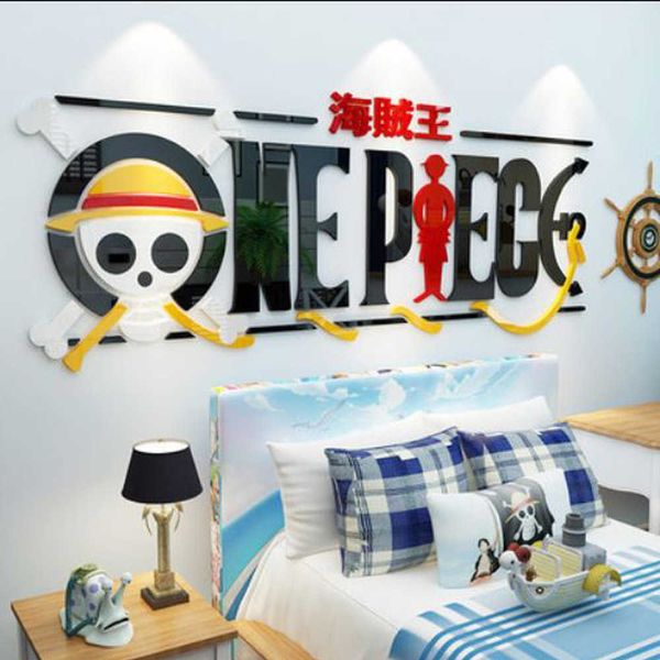Pegatina de pared de cristal acrílico DIY, mono de una pieza D Luffy, decoración creativa personalizada, dormitorio, sala de estar, póster de Anime