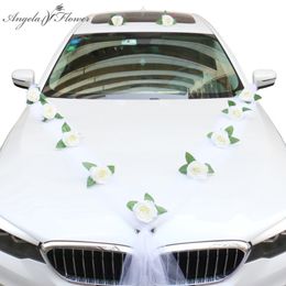 DIY kunstmatige bloem witte bruiloft auto bruids auto decoratie deurklink linten zijde hoek bloem galand met tule geschenken set 201222