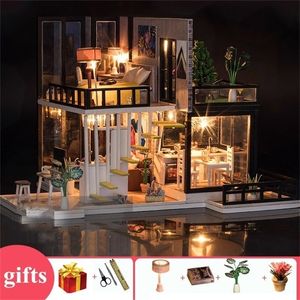 bricolage grande maison maisons de poupée en bois cuisine miniature villa maison de poupée kit de meubles kast travaux manuels adulte oyuncak ev 201217