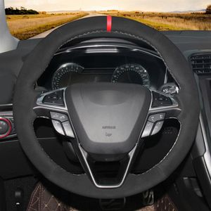 Housse de volant de voiture en daim synthétique noir bricolage cousue à la main pour Ford Mondeo Fusion 2013-2019 EDGE 2015-2019214r