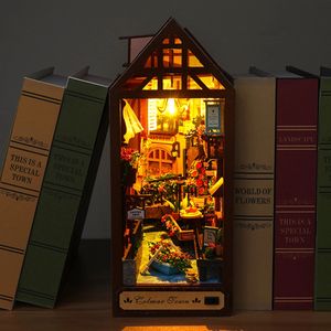 DIY boek hoekset 3D houten puzzel meubels en led-licht mini huis model kit voor kinderen vroege onderwijs volwassen 240223