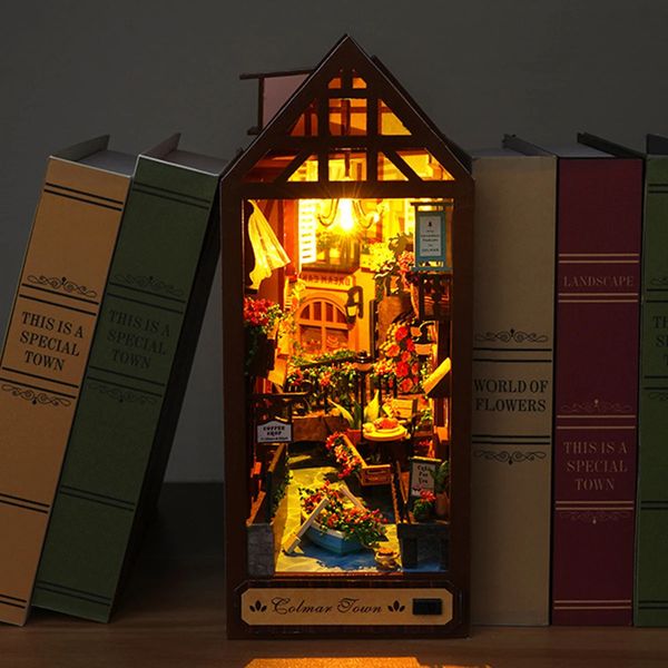 Ensemble d'angle de livre à faire soi-même, puzzle 3D en bois, meubles et lumière LED, kit de modèle de mini maison pour enfants, éducation précoce, adulte, 240305