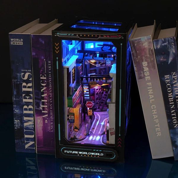 Diy Book Nook Cyberpunk Future World Casa de muñecas hecha a mano juguetes RGB iluminación rompecabezas 3D kit de construcción en miniatura regalo decoración del hogar 240122