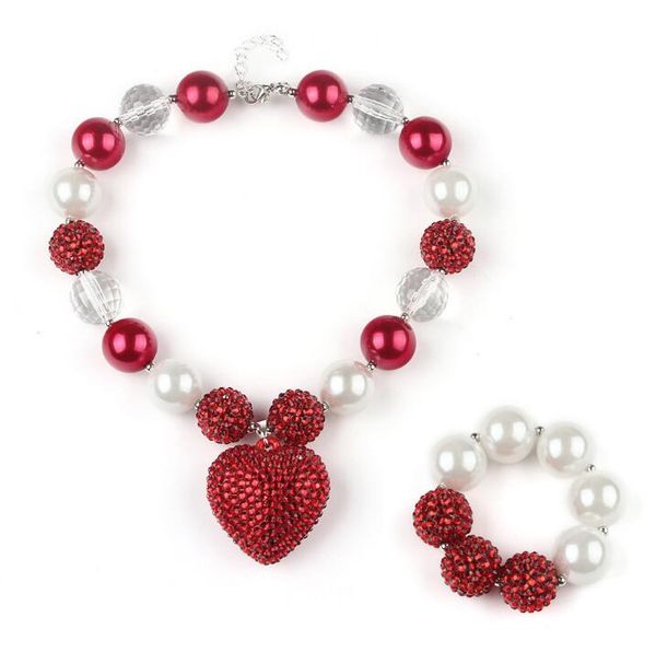 Ensemble de colliers et Bracelets de perles Bubblegum pour enfants, pendentifs à breloques en forme de cœur rouge avec strass, ensemble de bijoux pour bébés filles, DIY