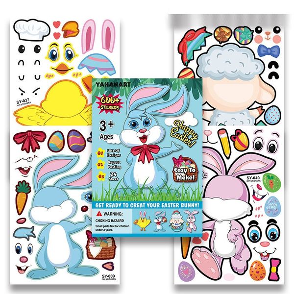 Autocollant de lapin de pâques, dessin animé, tatouage, joyeux pâques, œuf de lapin, autocollant pour enfants, bricolage, cadeau