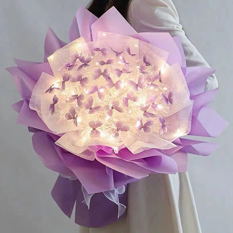 DIY 나비 꽃다발 수제 꽃 재료 패키지 부케가있는 가벼운 문자열 웨딩 장식 선물 여자 친구 240301
