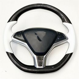 Cubierta para volante de coche DIY, cuero blanco de fibra de carbono para Tesla Model S Model X240i