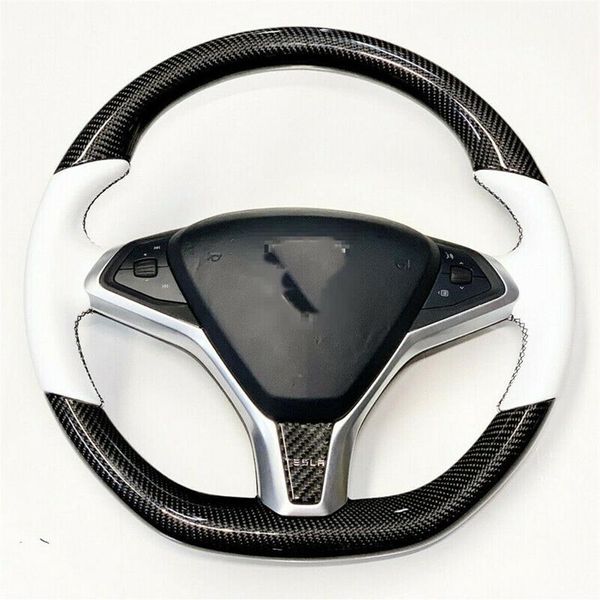 Cubierta para volante de coche DIY, cuero blanco de fibra de carbono para Tesla Model S Model X2823