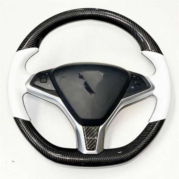 Cubierta para volante de coche DIY, cuero blanco de fibra de carbono para Tesla Model S Model X2903