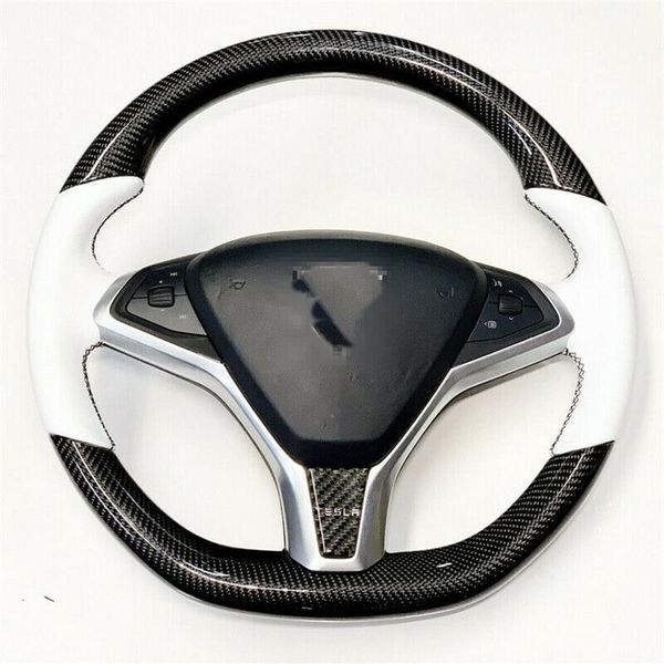 Housse de volant de voiture bricolage cuir blanc en Fiber de carbone pour Tesla Model S modèle X3134