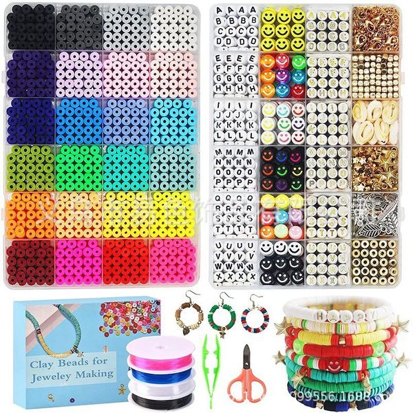 Kit de fabrication de bracelets en argile pour bricolage, perles de riz, pâte polymère, visage souriant, alphabet, chaîne de perles, artisanat fait à la main, collier, bague, bijoux pour femmes, filles, enfants, cadeaux de Noël