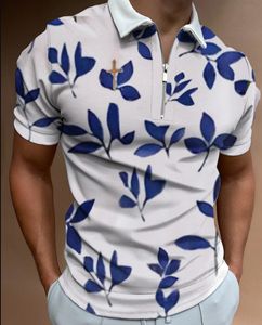 Vêtements de bricolage Tees personnalisés Polos Impression de feuilles bleues Cravate à manches courtes pour hommes imprimée à la mode, costume polo à fermeture éclair, T-shirt décontracté