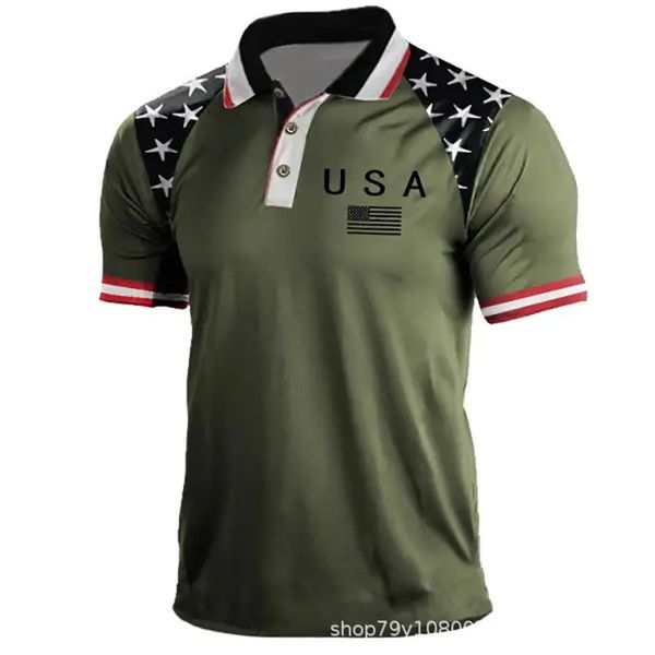 Vêtements de bricolage T-shirts personnalisés Polos Star Army Green Splice bouton à manches courtes pour hommes imprimé polo pull décontracté POLO chemise en gros