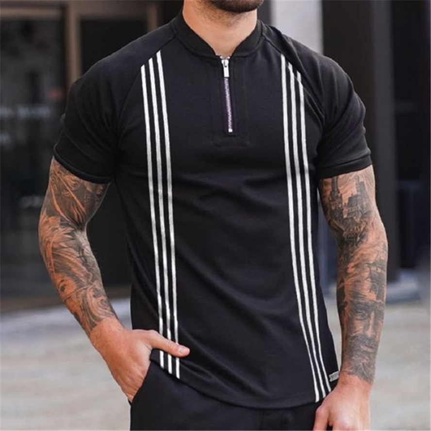 ملابس DIY مخصصة Tees Polos White Stripe 3D Digital Patterns for Men Fapels ، وقمصان بولو غير رسمية قصيرة الأكمام