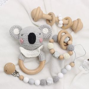 DIY Gehaakte Olifant Baby Bijtring BPA Gratis Siliconen Kralen Tandjes Armband Baby Fopspeen Clip Knaagdieren Houten Baby Rammelaar Speelgoed 240307