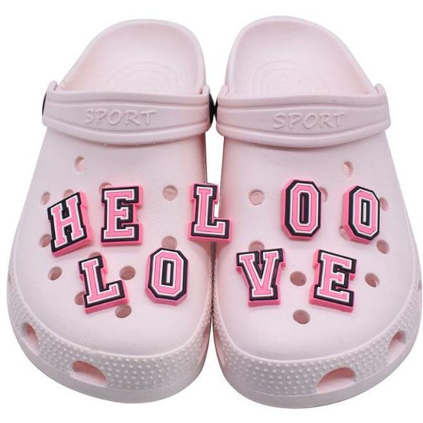 Abalorios para zapatos de croc con letras en inglés personalizadas, hebilla de decoración de goma suave rosa de pvc para pulsera de zuecos, abalorio de pulsera